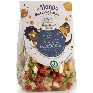 PASTA NATURA TRICOLOR ORGANIC GLUTEN-FREE PASTA WITH RICE AND VEGETABLES – DINOSAURS 250G. Gluten free product.
