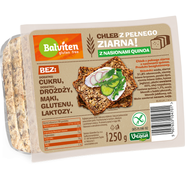 Chleb z pełnego ziarna z nasionami quinoa 250g. Produkt bezglutenowy