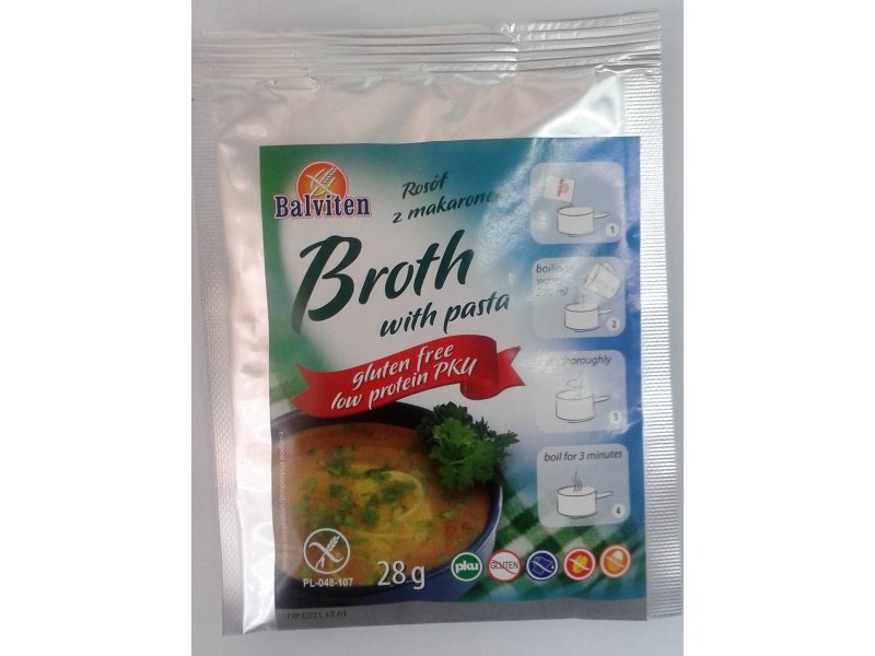 Instant broth soup with noodles 28g. Gluten-free product, low-protein PKU