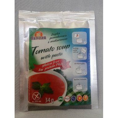 Zupka błyskawiczna pomidorowa z makaronem 34g. Produkt bezglutenowy, niskobiałkowy PKU