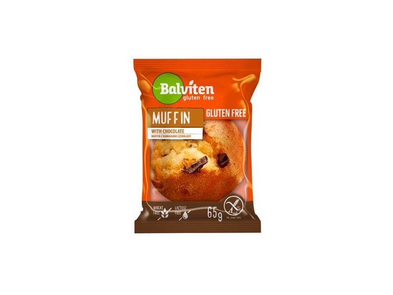 White muffin with bits of chocolate 65g. Gluten-free product